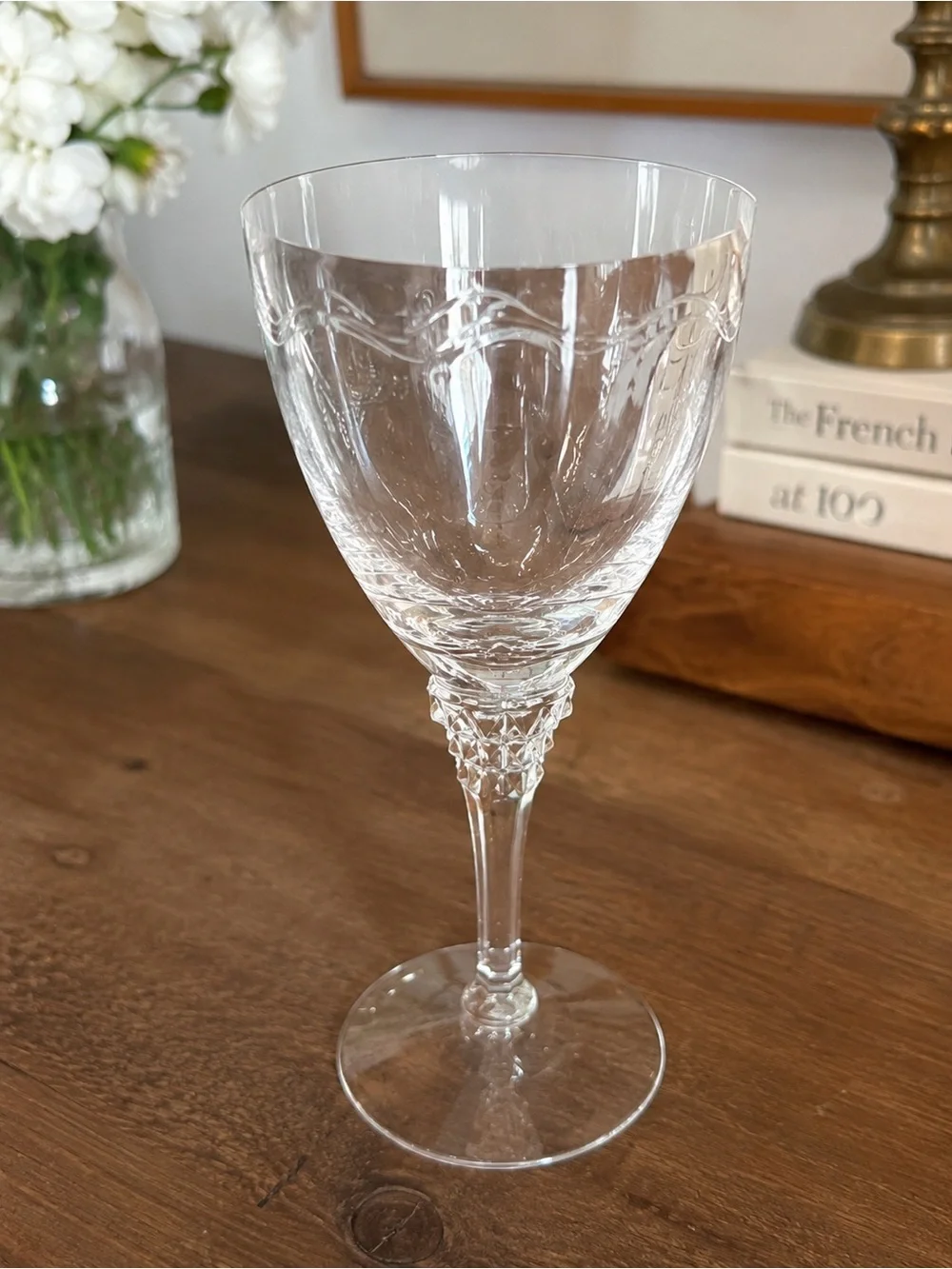 Vintage Clear Etched Crystal Wine Goblets Set of 8 Diamond Stem Scroll Pattern